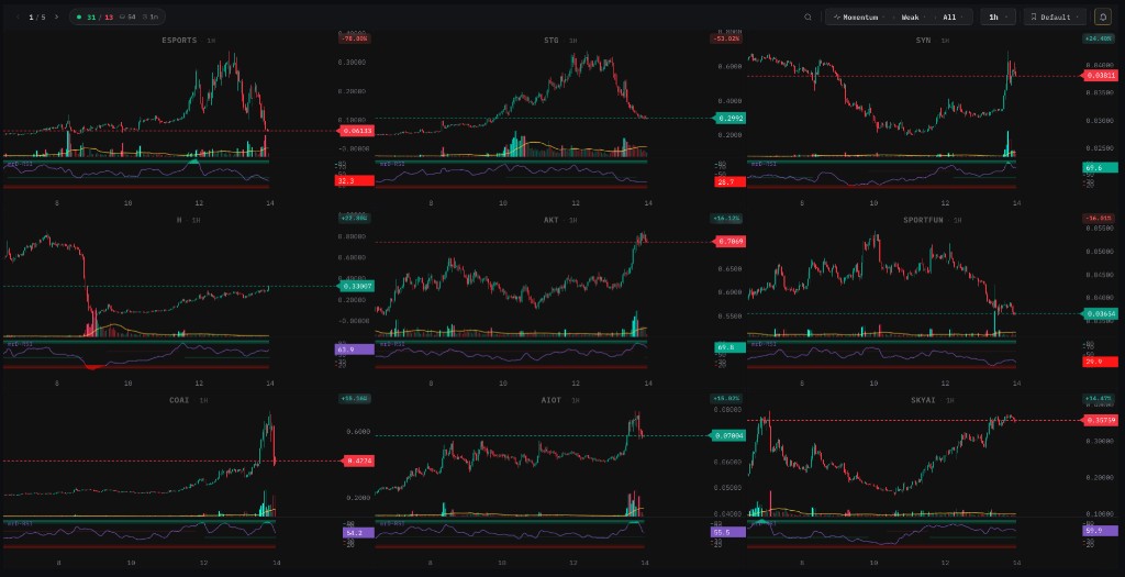 RSI Heatmap multi-chart grid showing real-time RSI momentum across 500+ crypto pairs with overbought and oversold scanning