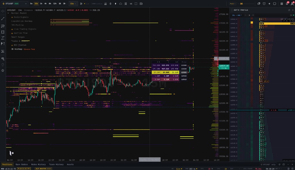 Real-time orderbook heatmap visualizing market depth and resting liquidity behind candles on BTCUSDT